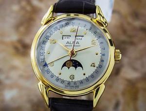 Alfa Triple Calendar and Moonphase Swiss Made Men's Rare Alfa Watch c1950s C7