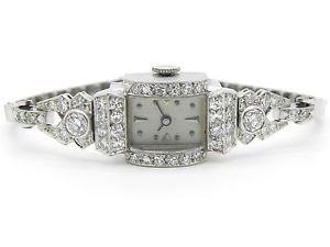 ART DECO 1.5ctw Diamond Platinum Ladies Wrist Watch 14k White Gold Band 14mm 6"