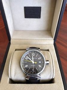 Louis Vuitton Tambour Q1131 Automatic SS Brown Leather Men GMT