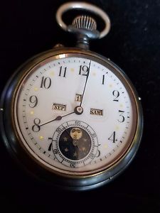 Rare! Triple Calendar "Eclipse" Moonphase Pocketwatch, OF, Dig. Dial 15J Ca.1900