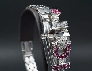 Ladies 1940s Retro 18k White Gold 1.5 ct Diamond Ruby Watch Bracelet CO054