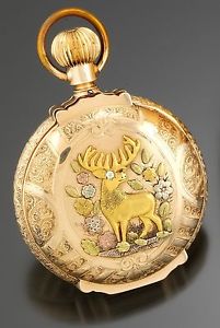 Waltham P.S. Bartlett 14K Multicolor Gold Buck Hunter Case Pocket Watch CA1884