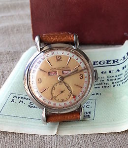 Vintage watch JAEGER LECOULTRE triple calendar steel box & papers montre 1940's