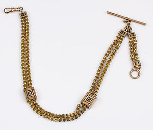 Antique Victorian 14K Rose Gold Double Watch Chain / Necklace Enamel  ECHSR20