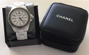 WOW! CHANEL J12 WHITE CERAMIC 38MM AUTOMATIC WATCH BLACK DIAMOND DIAL & BOX/CASE