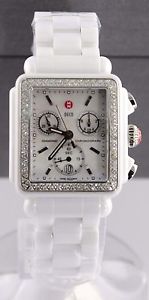 NEW MICHELE MWW06F000002 DECO DIAMOND MOTHER OF PEARL LADIES WHITE CERAMIC WATCH