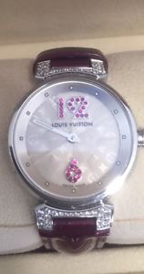 AUTHENTIC Ladies Louis Vuitton Tambour watch with diamonds and ruby numbers mono