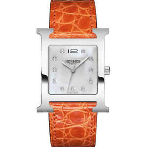 HERMES HOMME ORANGE CUIR BRACELET ACIER INOXYDABLE BOITIER MONTRE 036840WW00