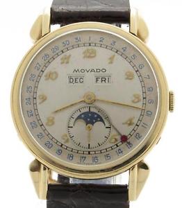 Movado Vintage Triple Date Moonphase 14K Yellow Gold 35mm Watch Fancy Lugs Case