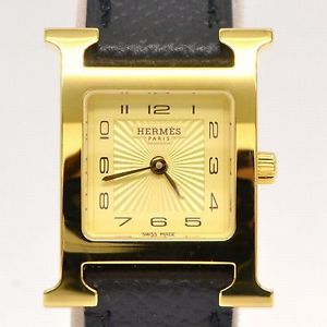 Authentic Hermes Heure H PM Wrist Watch Ladies Quartz Battery Gold Black 2017