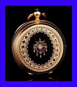 Antique Huguenin et Fils 18K Gold Pocket Watch with Diamonds. Switzerland, 1880