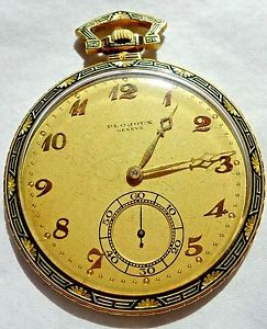 18K GOLD & CHAMPLEVE ART DECO POCKET WATCH M A PLOJOUX GENEVA GOLD FACE 12H 1880