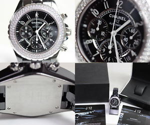 Chanel J12 H1009 BLACK CERAMIC CHRONOGRAPH AUTOMATIC Watch Diamond Used Rare