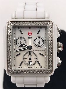 NEW MICHELE MWW06F000002 DECO DIAMOND MOTHER OF PEARL LADIES WHITE CERAMIC WATCH