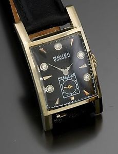 Spectacular 14K Gruen Curvex Wrist Watch With Original Black Diamond Dial