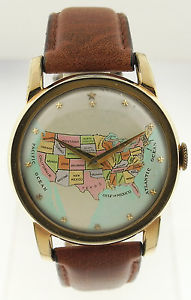 Swiss Gold Plated w/ Stainless Steel.  Map of USA on Dial, Colorful, 13 Stars