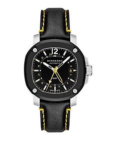 Burberry Men's Swiss Automatic GMT The Britain Black Leather Strap Watch 43mm BB