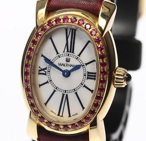 Auth WALTHAM LW34 Ruby Bezel Quartz K18YG x Leather Women's watch