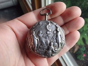 1800'S VERGE FUSEE, REPOUSSE PAIRCASE SILVER POCKET WATCH BY FRAN BOLTS
