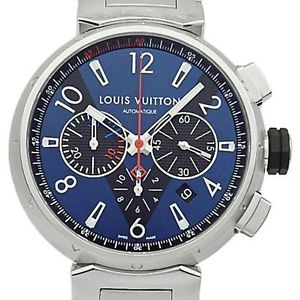 LOUIS VUITTON Tambour XL Automatic Chronograph Steel Watch Q102V Blue Used Rare
