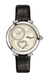 Ferragamo Women's FE2020016 CUORE Diamonds White Dial Black Leather Wristwatch
