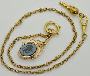 Victorian 18K GOLD pocket watch chain with Skull Key and Sardonyx Cameo seal fob