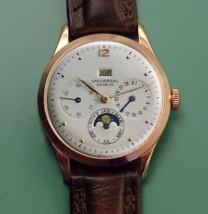 Vintage 40's Universal Geneve 18k Gold Moonphase Triple Date Antique Watch