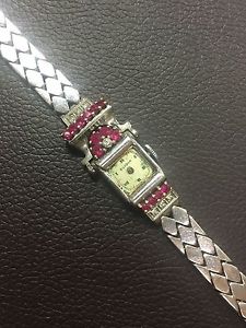 Diamond & Ruby Art Deco 14K White Gold Bulova Watch Bracelet
