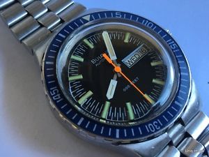 VINTAGE VERY RARE Bulova Automatic 666 ft Mens Steel Divers Watch Blue 23J RUNS