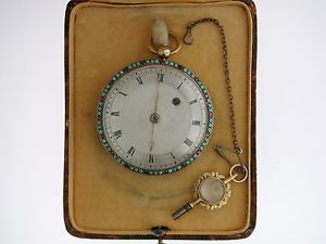 18 Kt Yellow Gold Open Face Pocket Watch with Ruby Stones Swiss 1850