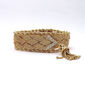 Retro 14k Gold Geneva 17 Jewels Braided Mesh Rope Bracelet Diamond Tassels Watch