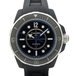Pre-Owned CHANEL J12 Marine SS (Ceramic)/Rubber Black Dial Auto Watch H2558, MR