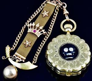 MUSEUM Victorian 18k Gold,Enamel&Diamonds Masonic Memento Mori SKULL watch&fob