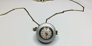 Estate Antique 14K Yellow Gold Butcherer Enamel Watch Diamond Pendant Necklace