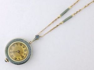 Antique Henry Blank & Co 14K Guilloche Enamel Pendant Watch & Enameled Bar Chain