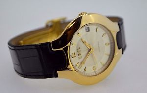 MEN'S EBEL LICHINE 8080980 AUTOMATIC 18K GOLD WHITE DIAL BLACK LEATHER BAND