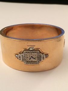 Vintage Bangle Watch Bracelet 50 Grams Of 14K Gold.MICRON 32 Diamonds