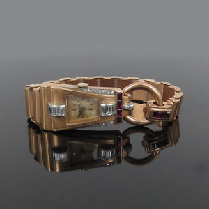 1940’s Urano 1.25ct Diamond & 0.80ct Ruby Curved 14K Rose Gold Lady’s Watch