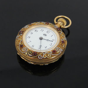 1886 American Waltham 1.50ct Garnet & 18K Multi Color Gold Fancy Pocket Watch