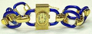 Vintage 18K yellow Gold & Blue enamel ladies SARCAR Wrist watch 1970's