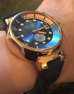 LOUIS VUITTON Limited Edition 18k Rose Gold BLUE TAMBOUR Diver Watch Q103E 44m