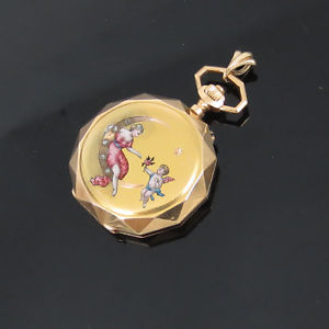 Art Nouveau 0.10ct Rose Cut Diamond & Enamel 18K Gold Pocket Watch