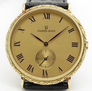 Universal Geneve Champagne color Dial Quartz Ornate 14K Yellow Gold NOS!
