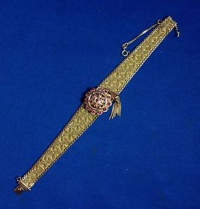 18K YELLOW GOLD LADIES WOMENS WRIST WATCH & BAND W/ RUBIES, PRYNGEPS MOVEMENT