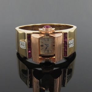 1950’s Retro THM 4.5ct Ruby & 0.30ct Dia 14K Y & Rose Gold Glycine Bangle Watch