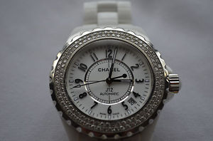 CHANEL J12 WOMEN'S WHITE CERAMIC AND STEEL 38MM BEZEL W/ DIAMONDS MODEL NO H0969
