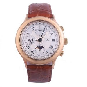 RGM Chronograph Gold Case Moon Phase Round Brown leather Band Mens Watch