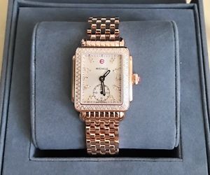 $2600 NWT MICHELE " DECO 16" DIAMOND, ROSE GOLD DIAMOND DIAL WATCH MWW06V000093