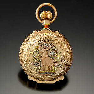 Majestic Stag Design Multicolor Gold 18-Size Hunter Case Waltham Pocket Watch