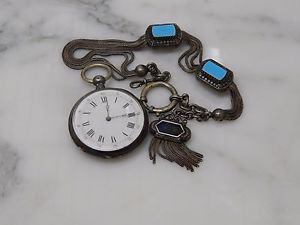 antique OPALINE GLASS STERLING SILVER BILLIARD CHAIN FOB pocket watch FRANCE